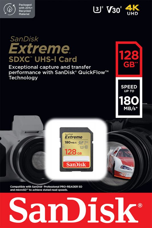 КАРТА ПАМЯТИ 128GB SANDISK EXTREME SDXC CLASS 10 UHS-I U3 V30 (180/90 MB/S)